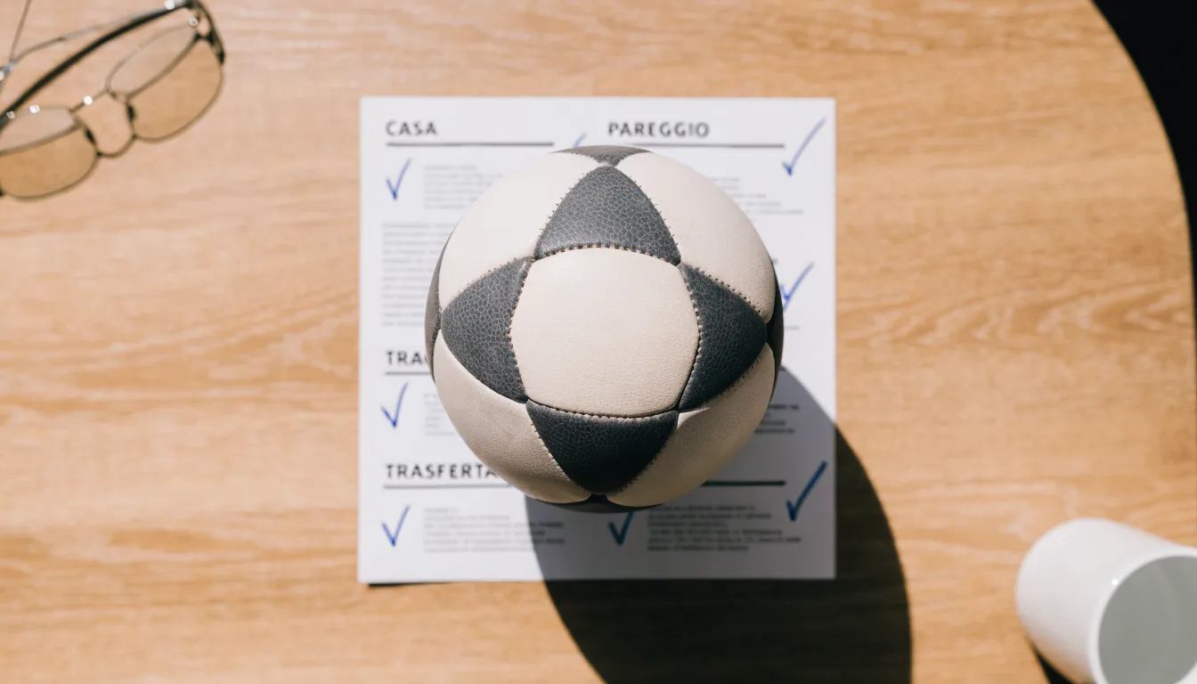 Un pallone da calcio appoggiato su una schedina bianca su un tavolo di legno, alla luce del giorno