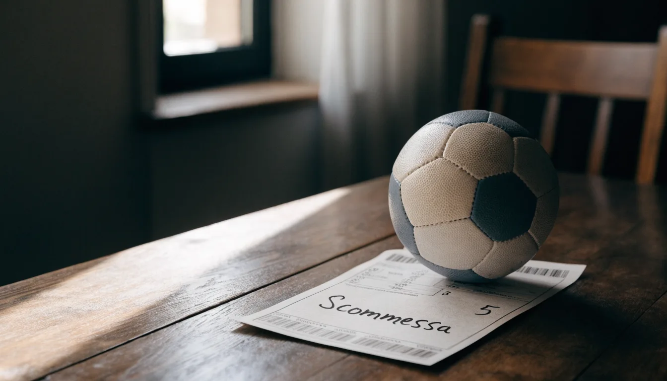 Un pallone da calcio appoggiato su una schedina bianca su un tavolo di legno, alla luce del giorno