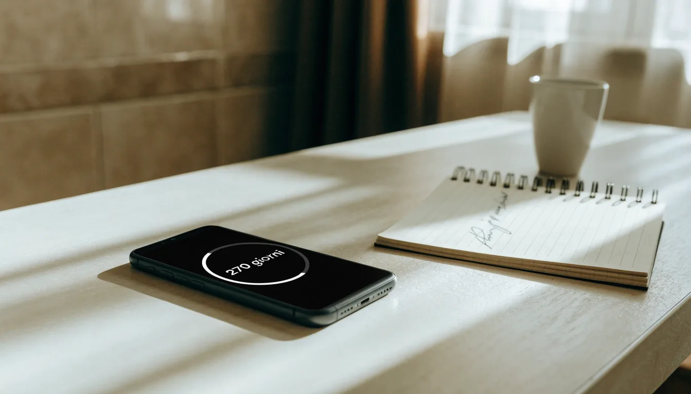 Un documento di identità appoggiato accanto a uno smartphone con un timer sullo schermo, su un tavolo da cucina