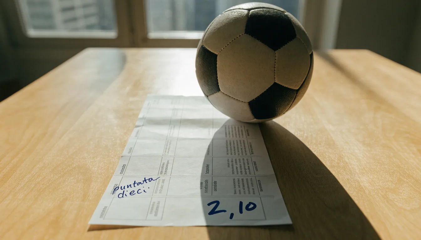 Un pallone da calcio appoggiato su una schedina bianca su un tavolo di legno, alla luce del giorno