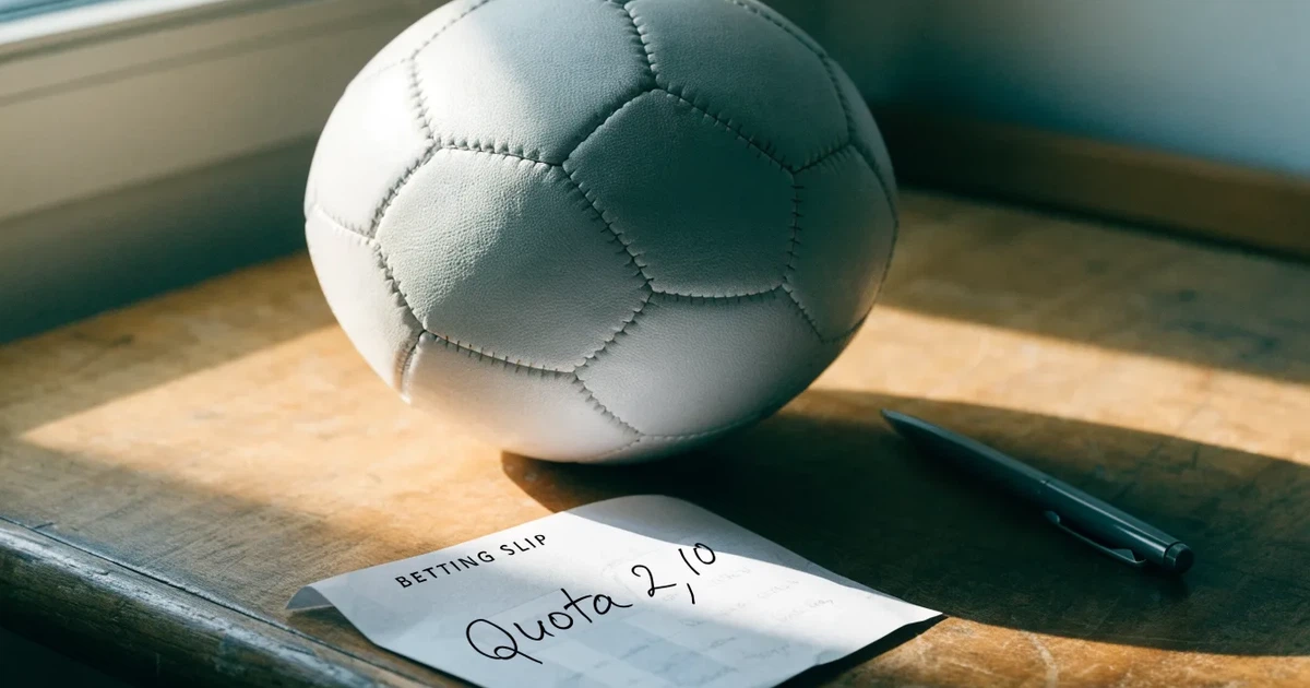 Un pallone da calcio appoggiato su una schedina bianca su un tavolo di legno, alla luce del giorno