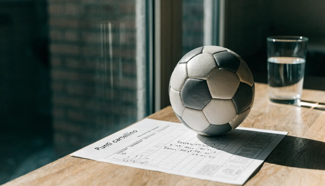 Un pallone da calcio appoggiato su una schedina bianca su un tavolo di legno, alla luce del giorno