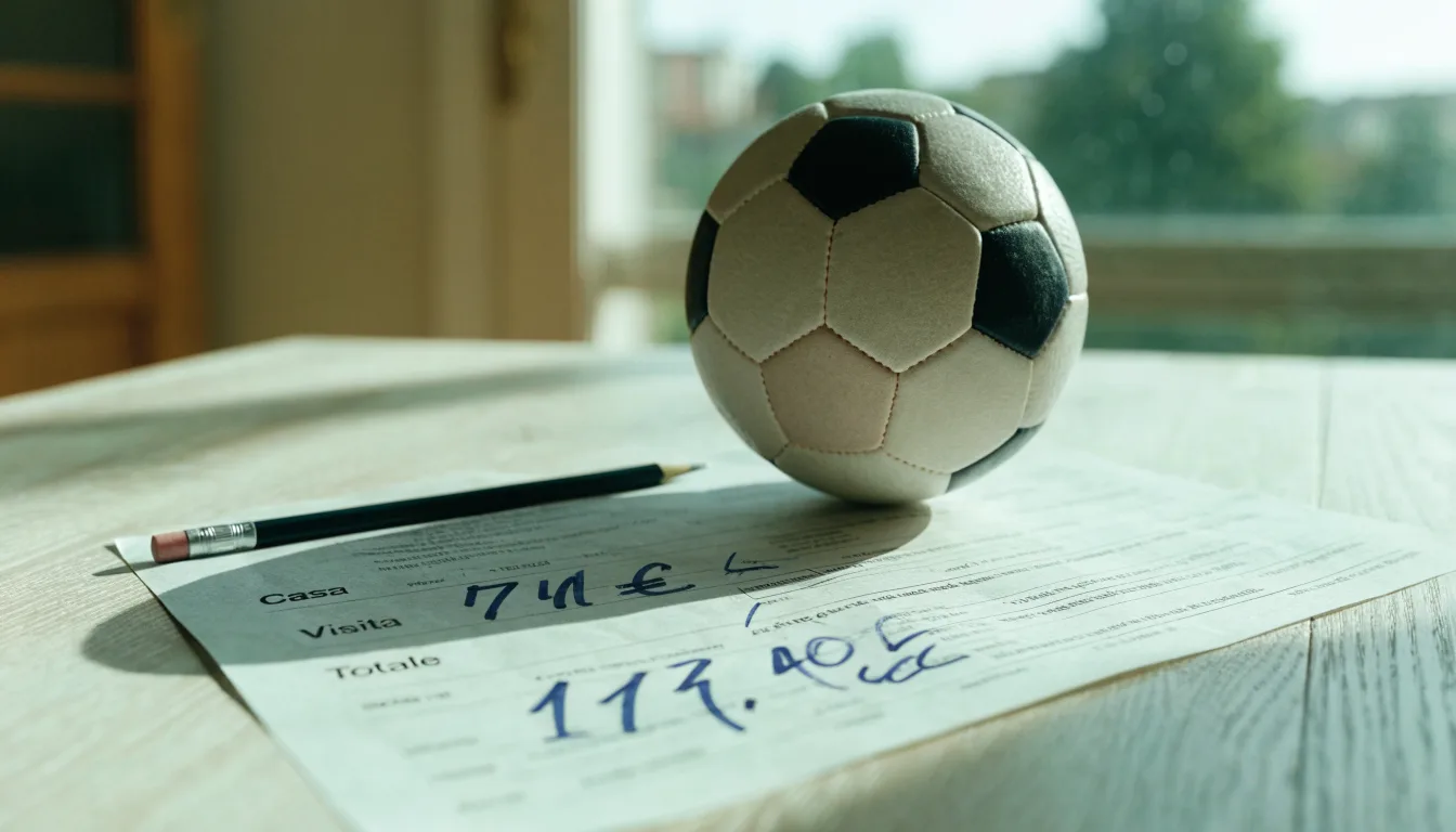 Un pallone da calcio appoggiato su una schedina bianca su un tavolo di legno, alla luce del giorno