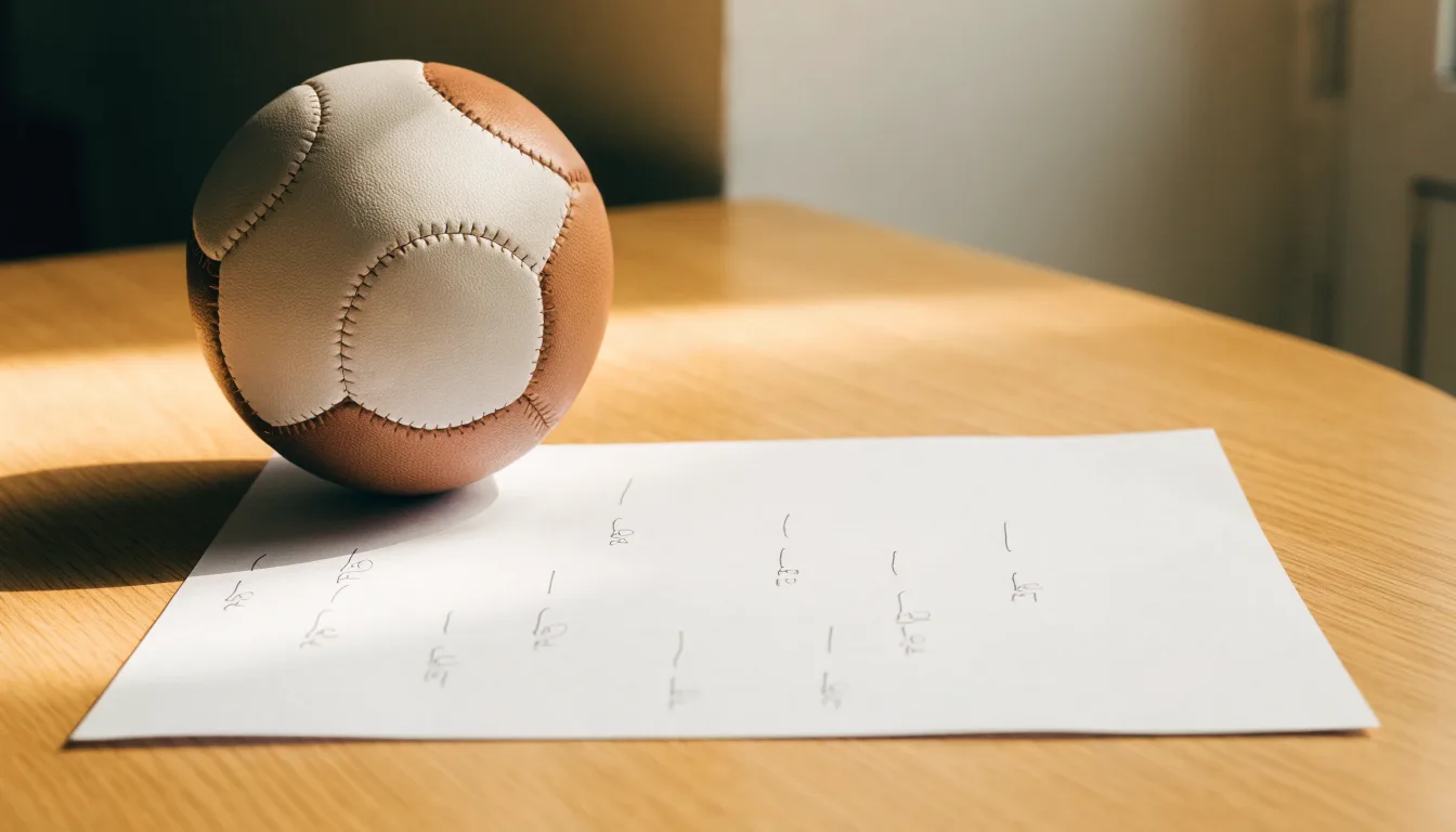 Un pallone da calcio appoggiato su una schedina bianca su un tavolo di legno, alla luce del giorno