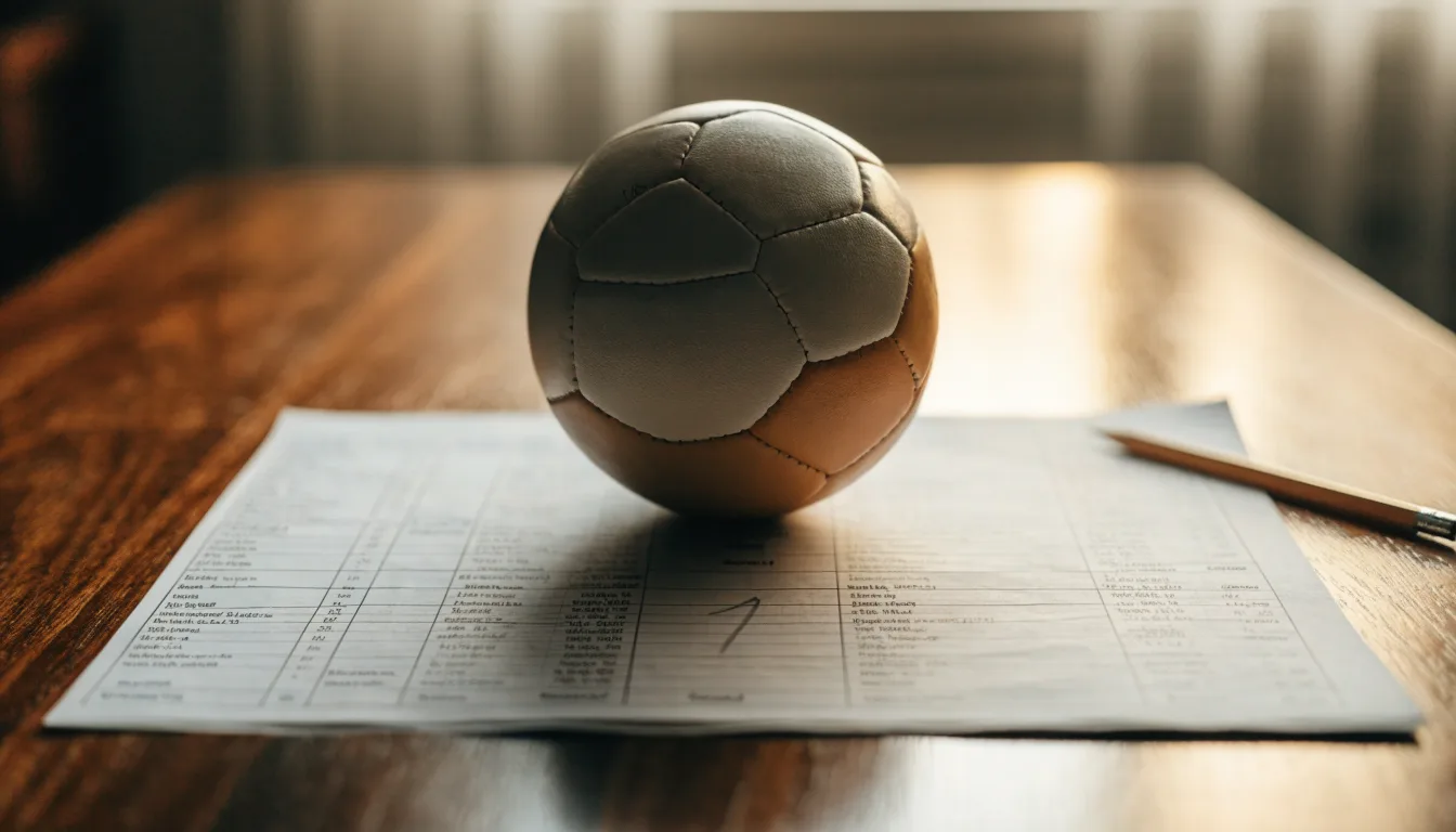 Un pallone da calcio appoggiato su una schedina bianca su un tavolo di legno, alla luce del giorno