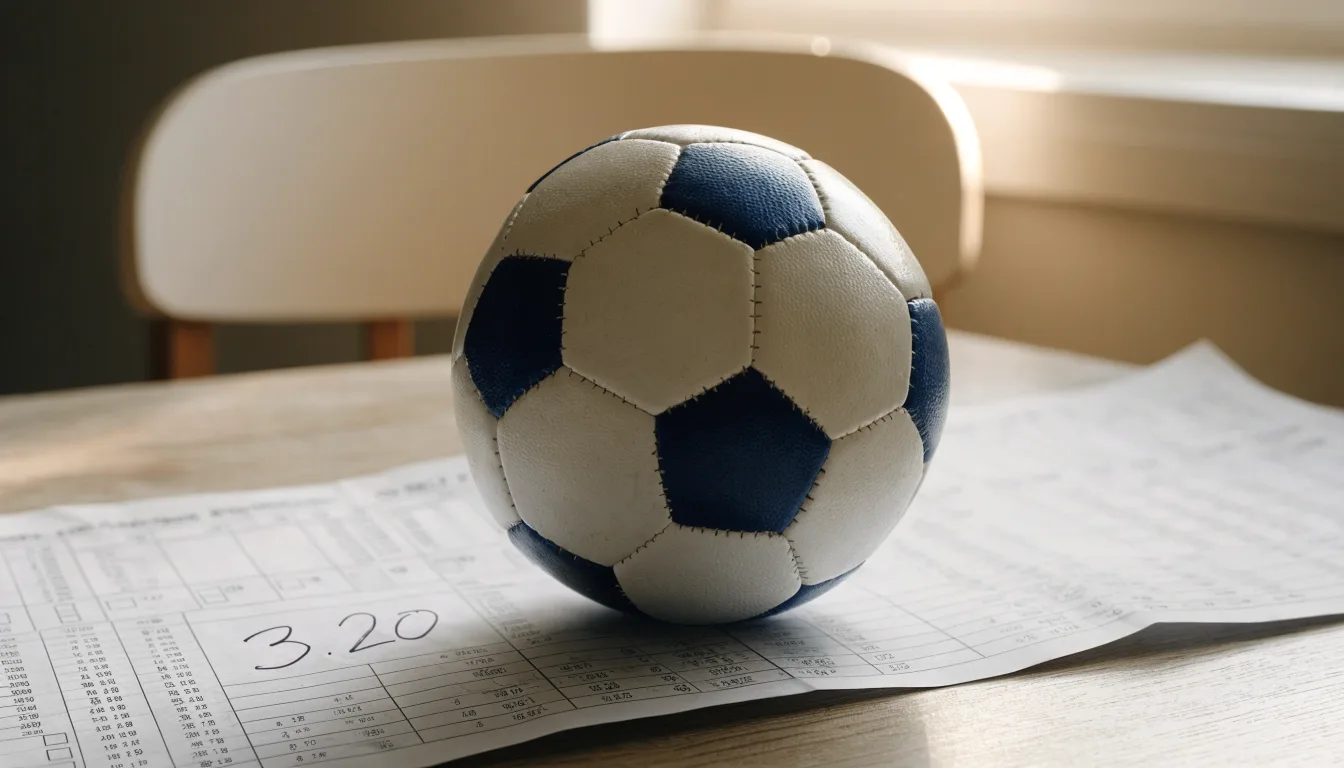 Un pallone da calcio appoggiato su una schedina bianca su un tavolo di legno, alla luce del giorno