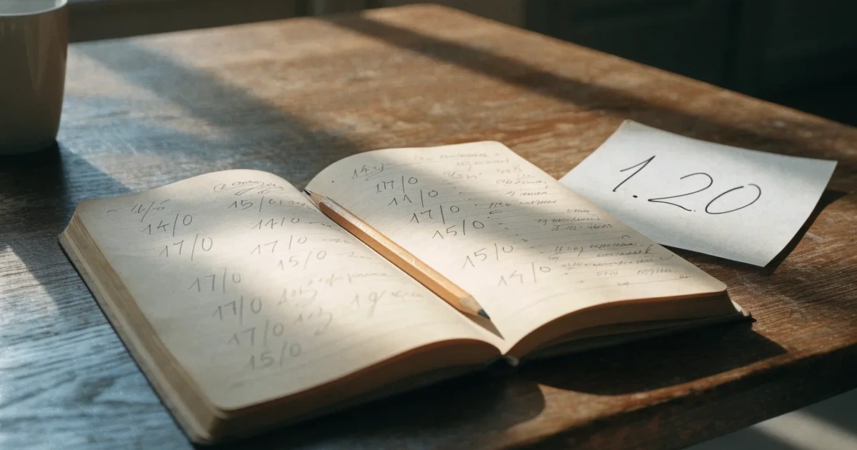 Un quaderno aperto con quote scritte a mano, una calcolatrice e una matita su un tavolo di legno