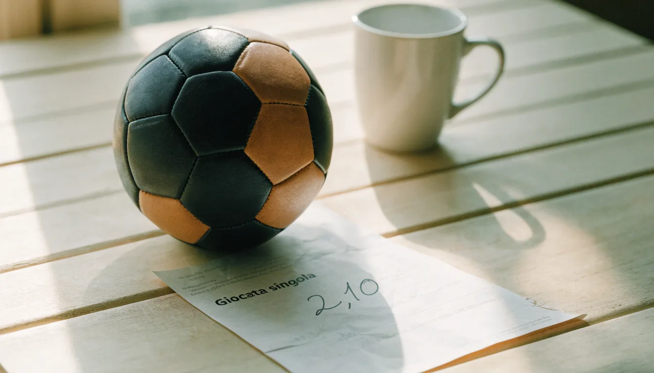 Un pallone da calcio appoggiato su una schedina bianca su un tavolo di legno, alla luce del giorno