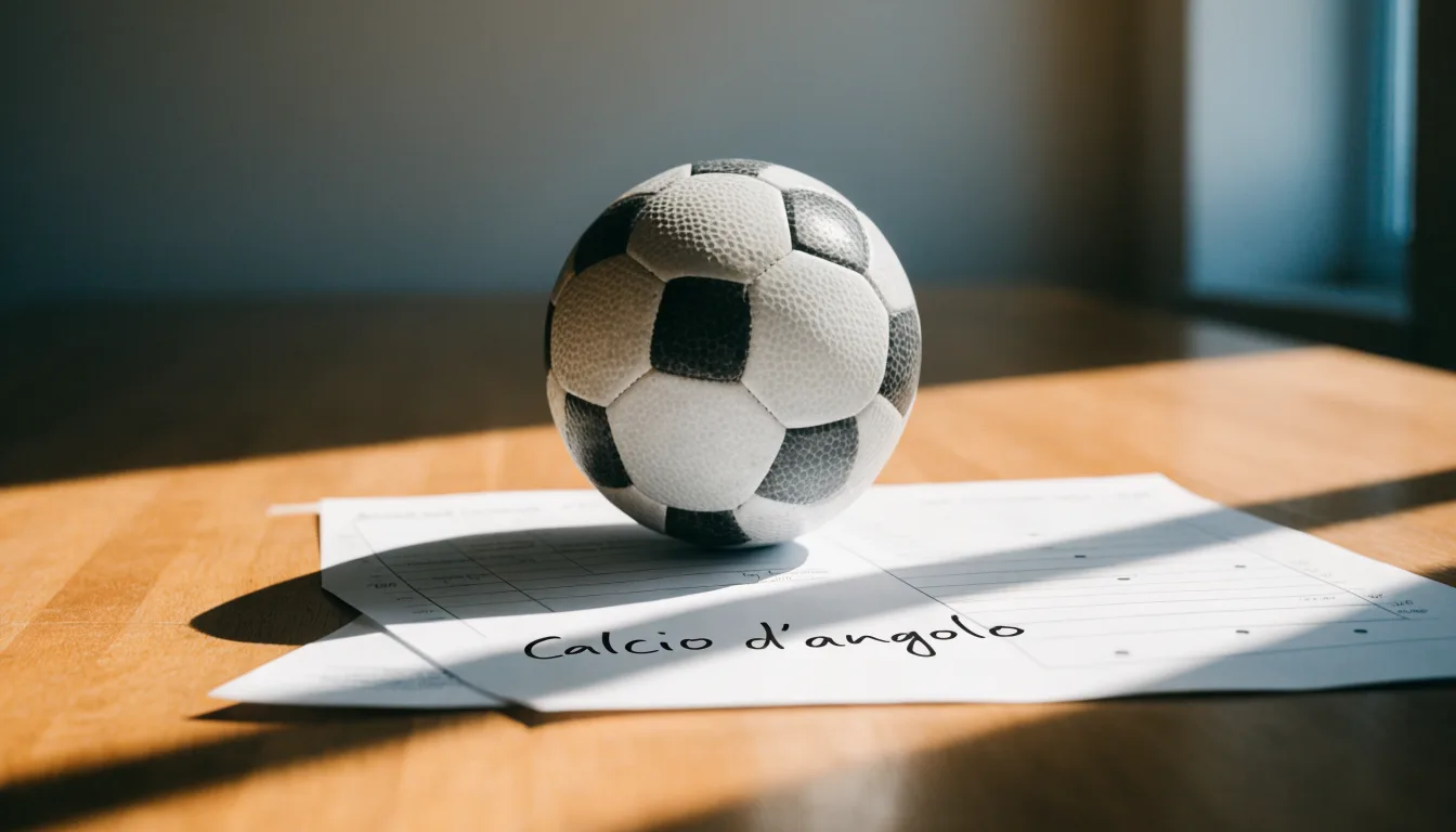 Un pallone da calcio appoggiato su una schedina bianca su un tavolo di legno, alla luce del giorno