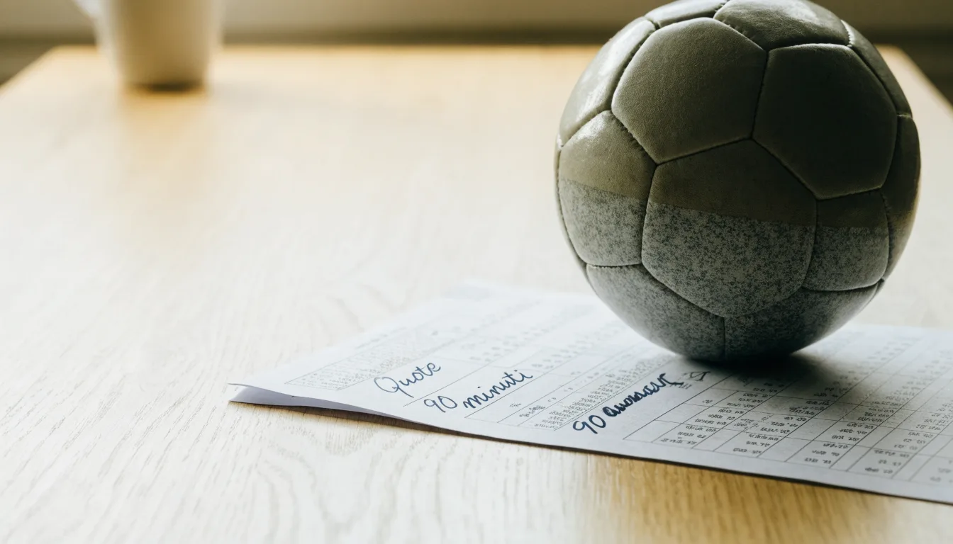 Un pallone da calcio appoggiato su una schedina bianca su un tavolo di legno, alla luce del giorno
