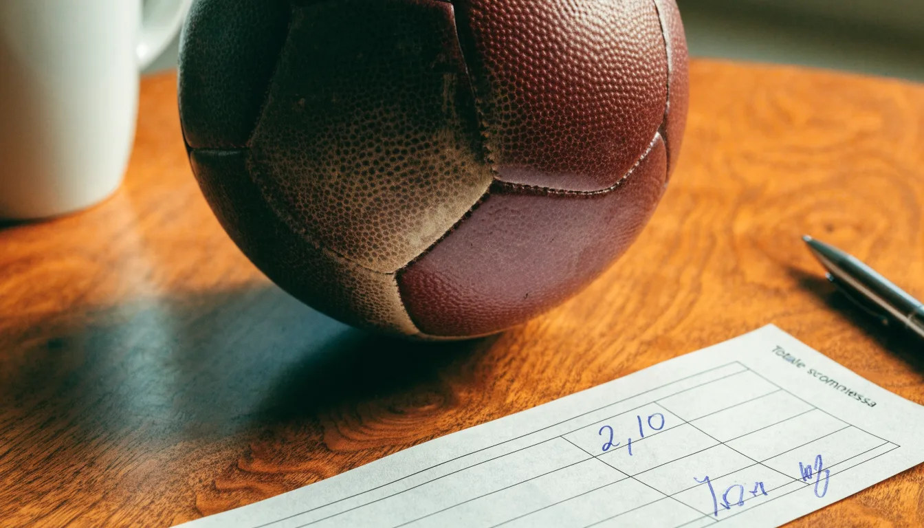 Un pallone da calcio appoggiato su una schedina bianca su un tavolo di legno, alla luce del giorno