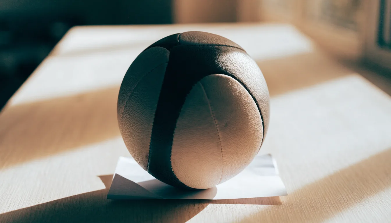 Un pallone da calcio appoggiato su una schedina bianca su un tavolo di legno, alla luce del giorno