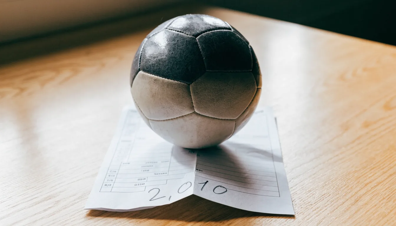 Un pallone da calcio appoggiato su una schedina bianca su un tavolo di legno, alla luce del giorno