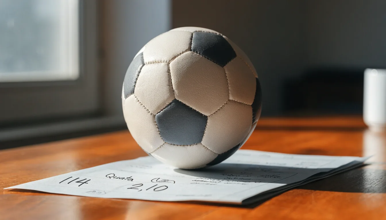Un pallone da calcio appoggiato su una schedina bianca su un tavolo di legno, alla luce del giorno