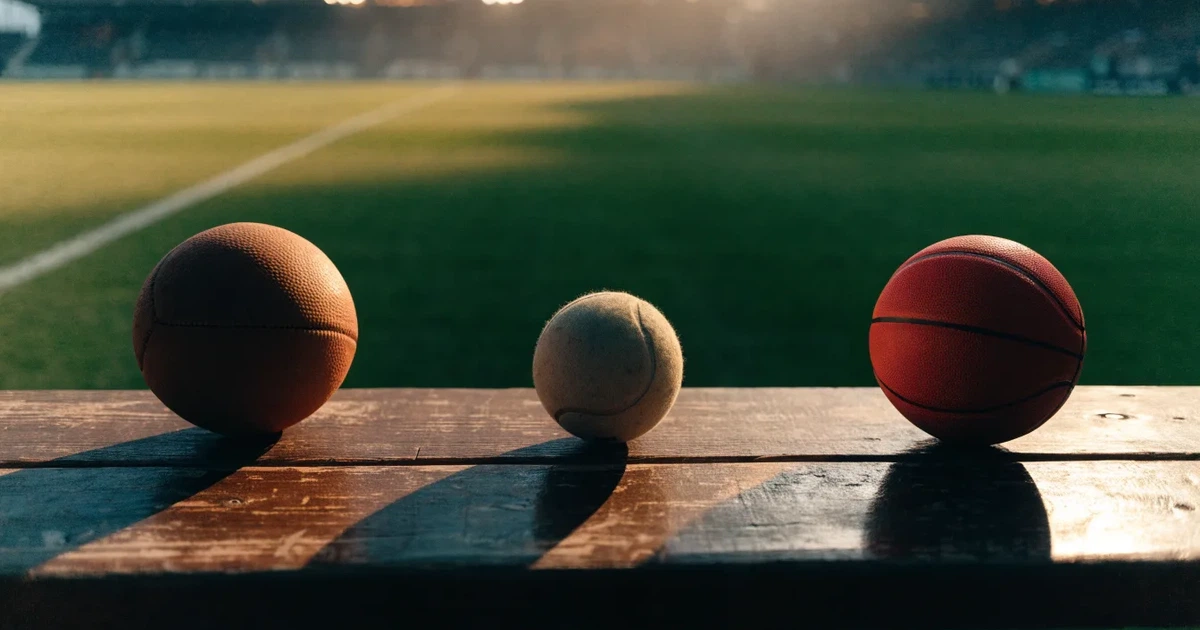 Tre palloni di sport diversi allineati uno accanto all'altro su una panca di legno