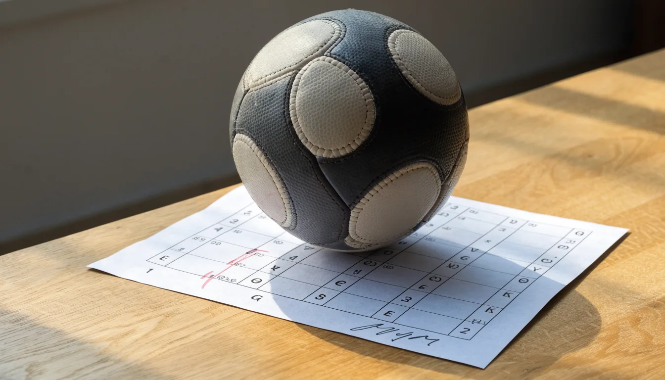 Un pallone da calcio appoggiato su una schedina bianca su un tavolo di legno, alla luce del giorno