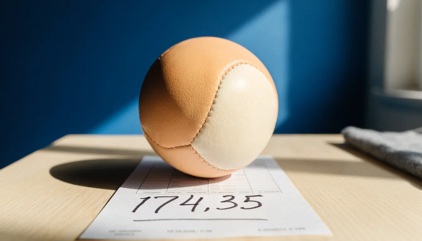 Un pallone da calcio appoggiato su una schedina bianca su un tavolo di legno, alla luce del giorno