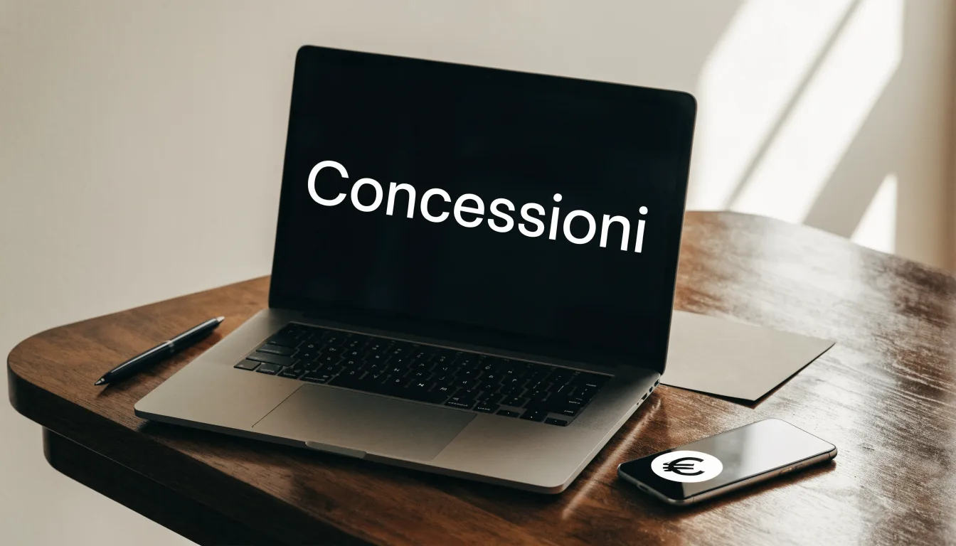 Un foglio di concessione in carta con un timbro rosso, appoggiato su una scrivania di legno accanto a una penna