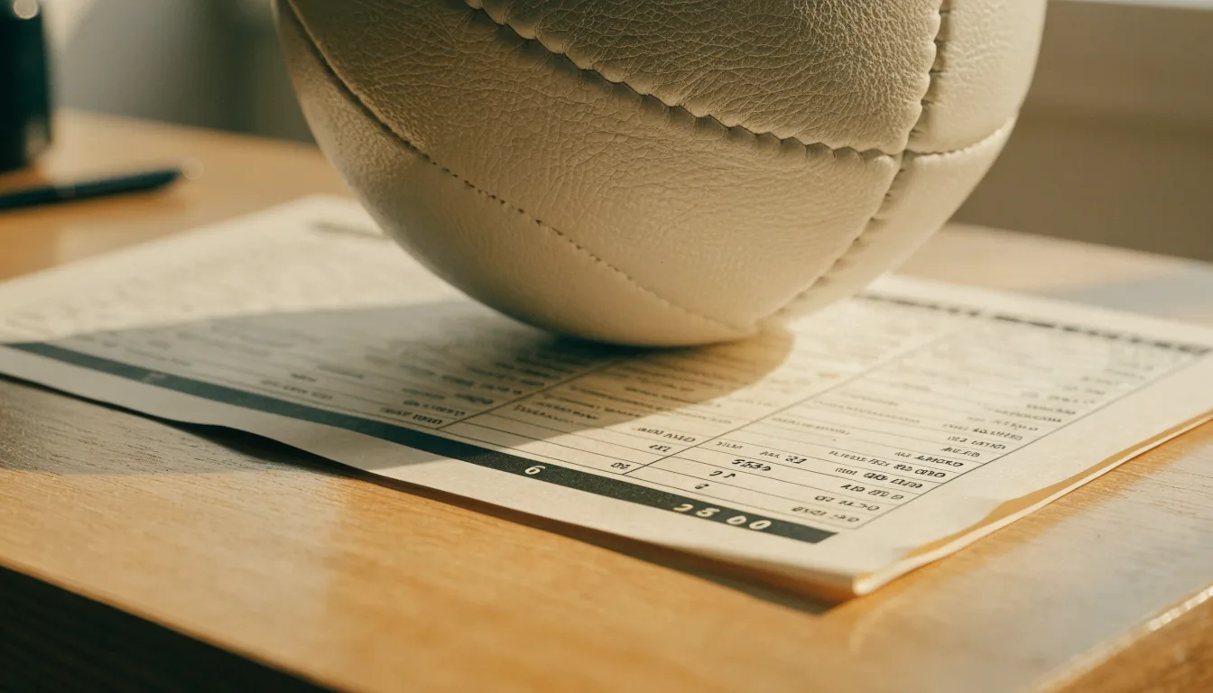 Un pallone da calcio appoggiato su una schedina bianca su un tavolo di legno, alla luce del giorno