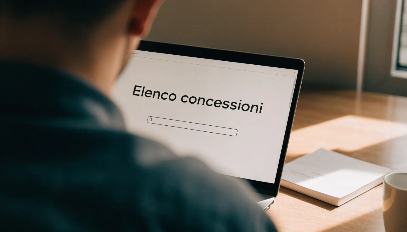 Un foglio di concessione in carta con un timbro rosso, appoggiato su una scrivania di legno accanto a una penna