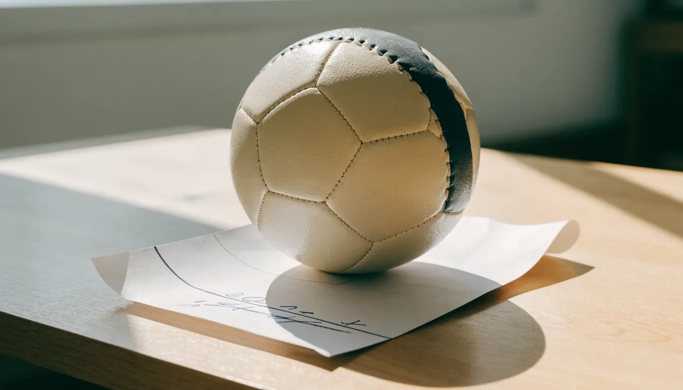 Un pallone da calcio appoggiato su una schedina bianca su un tavolo di legno, alla luce del giorno