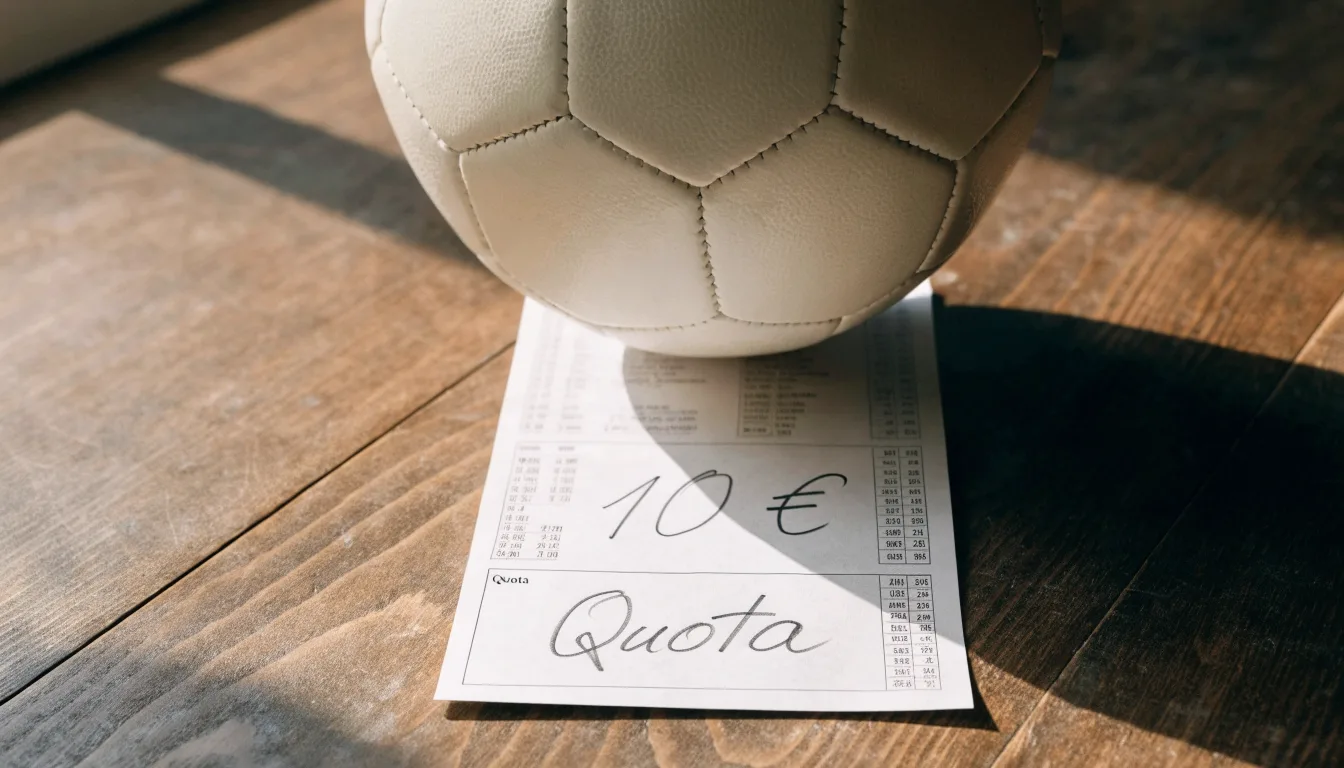 Un pallone da calcio appoggiato su una schedina bianca su un tavolo di legno, alla luce del giorno