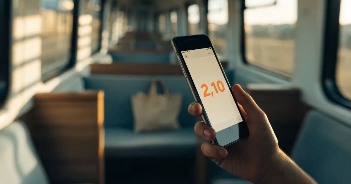 Una mano che tiene uno smartphone con una scommessa sullo schermo, su un treno nel tardo pomeriggio