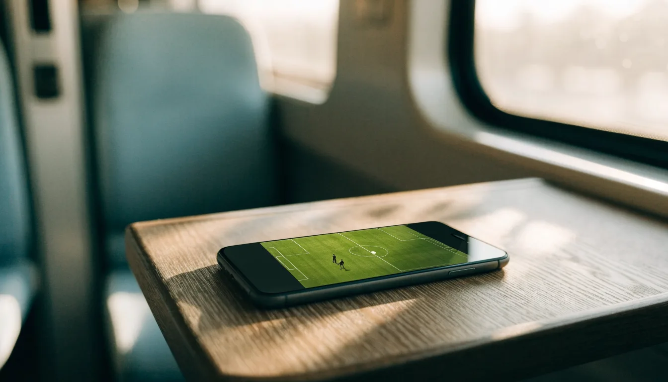 Una mano che tiene uno smartphone con una scommessa sullo schermo, su un treno nel tardo pomeriggio
