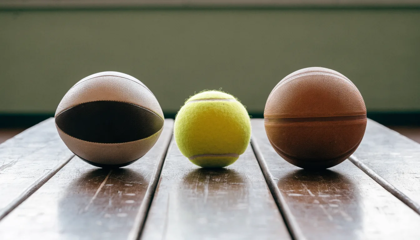 Tre palloni di sport diversi allineati uno accanto all'altro su una panca di legno