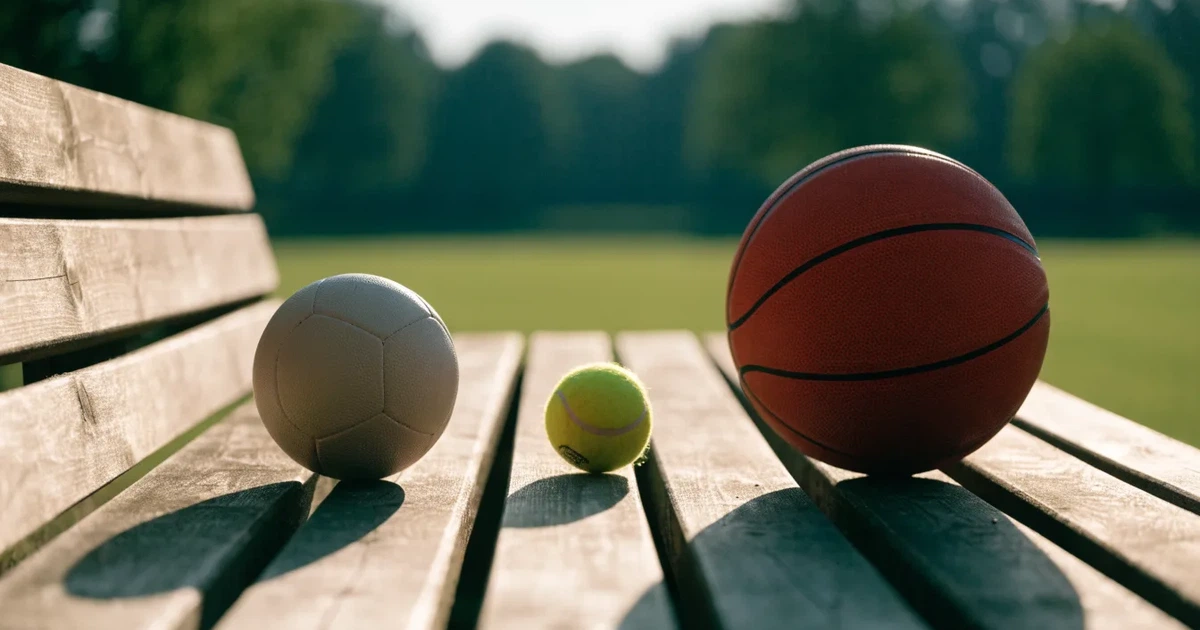 Tre palloni di sport diversi allineati uno accanto all'altro su una panca di legno