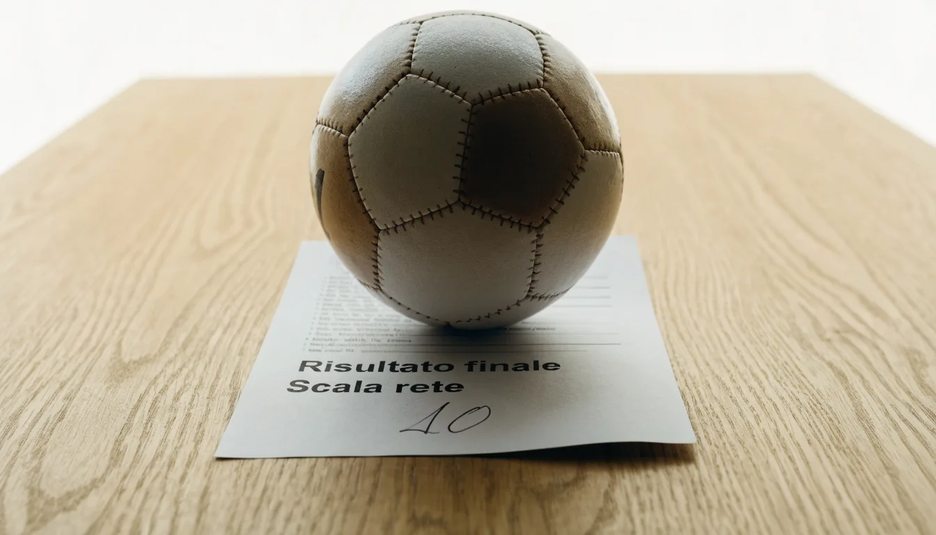Un pallone da calcio appoggiato su una schedina bianca su un tavolo di legno, alla luce del giorno