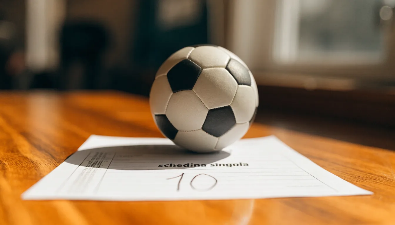 Un pallone da calcio appoggiato su una schedina bianca su un tavolo di legno, alla luce del giorno