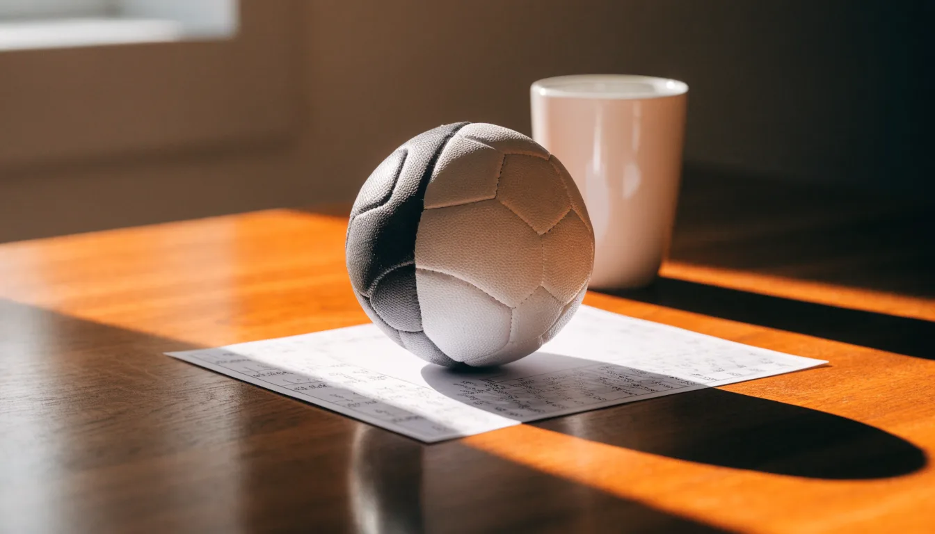 Un pallone da calcio appoggiato su una schedina bianca su un tavolo di legno, alla luce del giorno