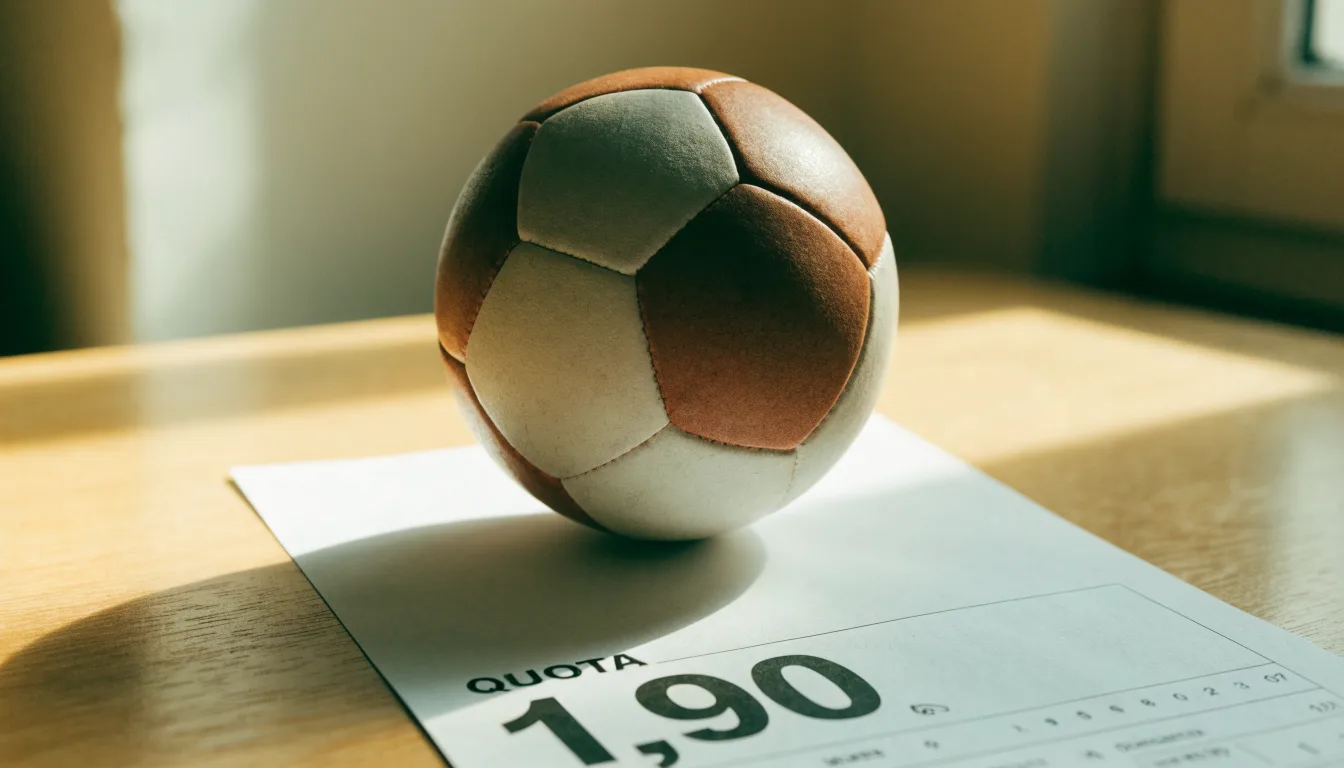 Un pallone da calcio appoggiato su una schedina bianca su un tavolo di legno, alla luce del giorno