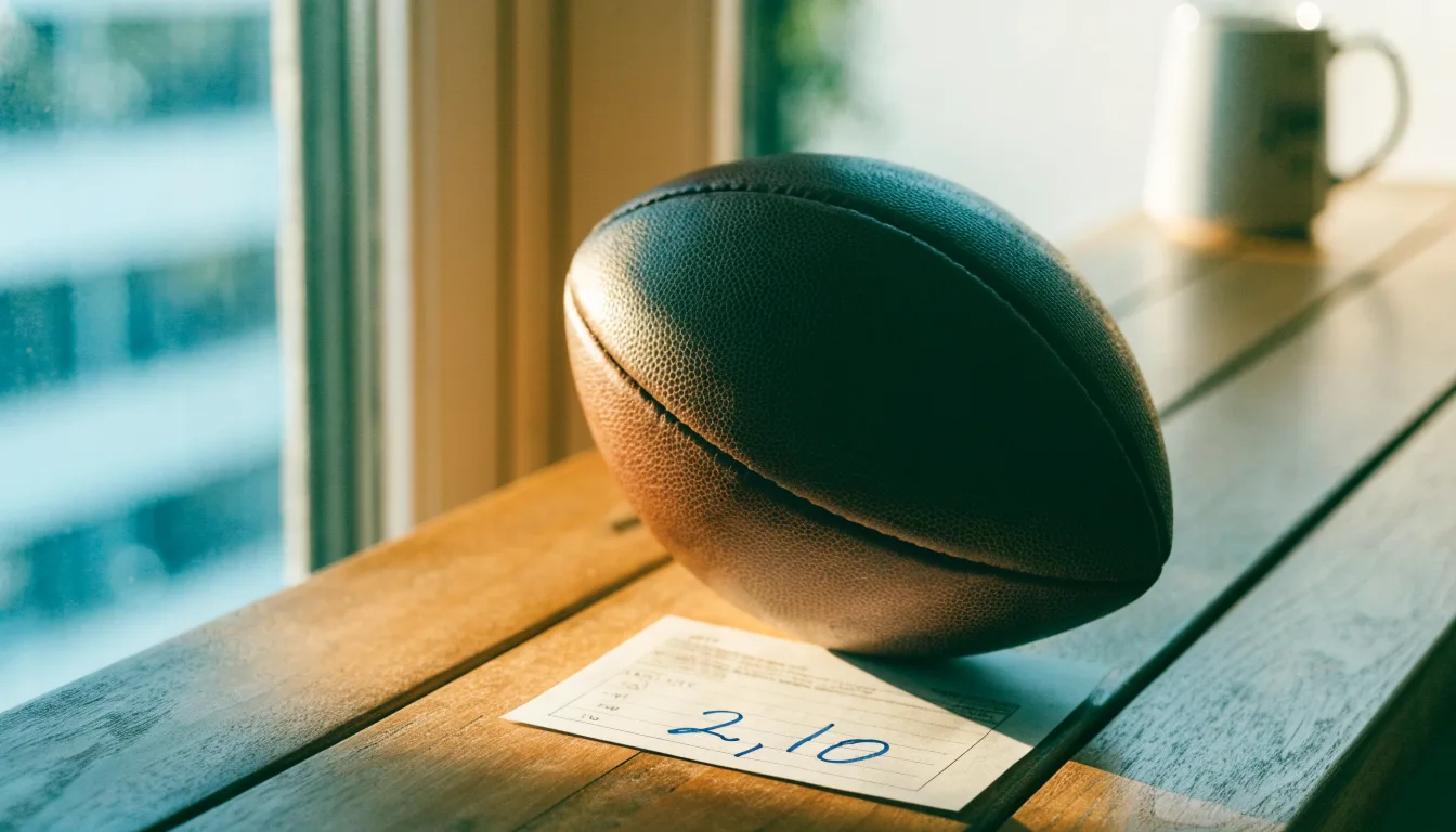 Un pallone da calcio appoggiato su una schedina bianca su un tavolo di legno, alla luce del giorno