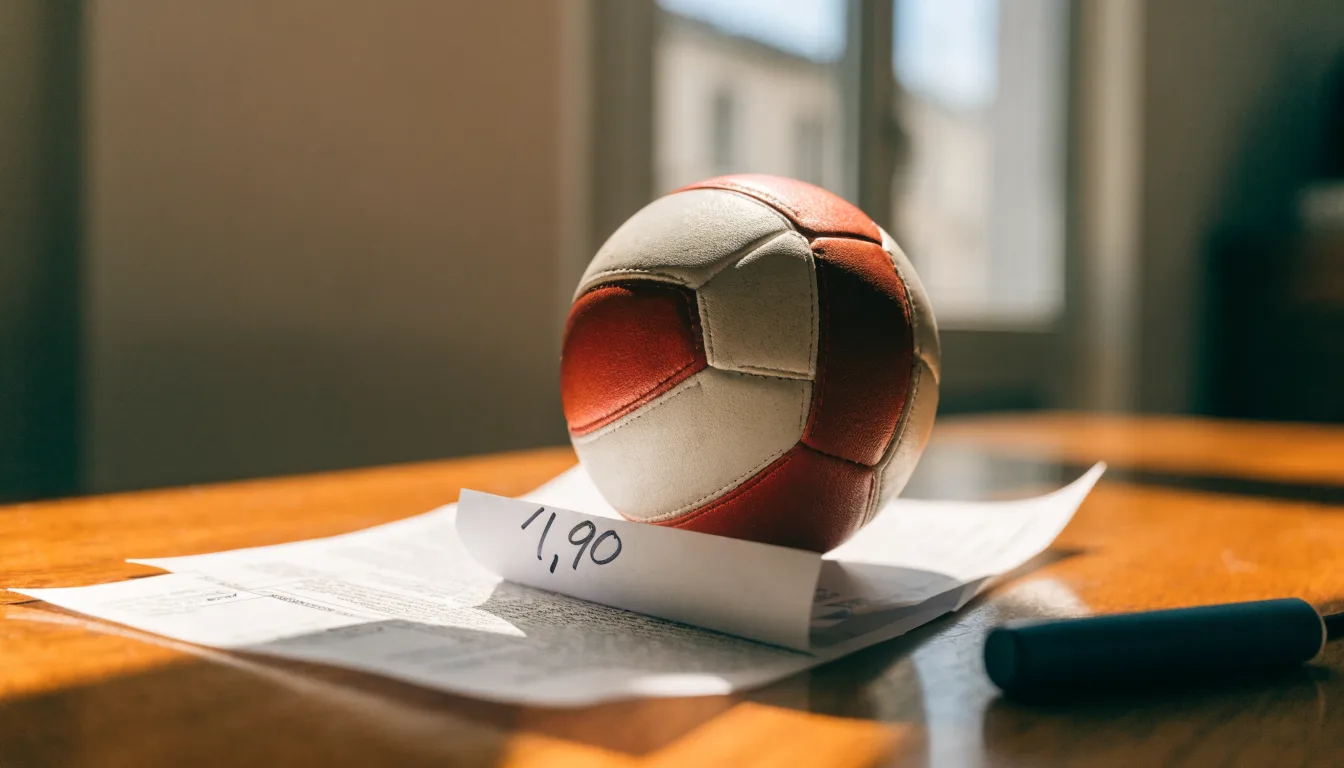 Un pallone da calcio appoggiato su una schedina bianca su un tavolo di legno, alla luce del giorno