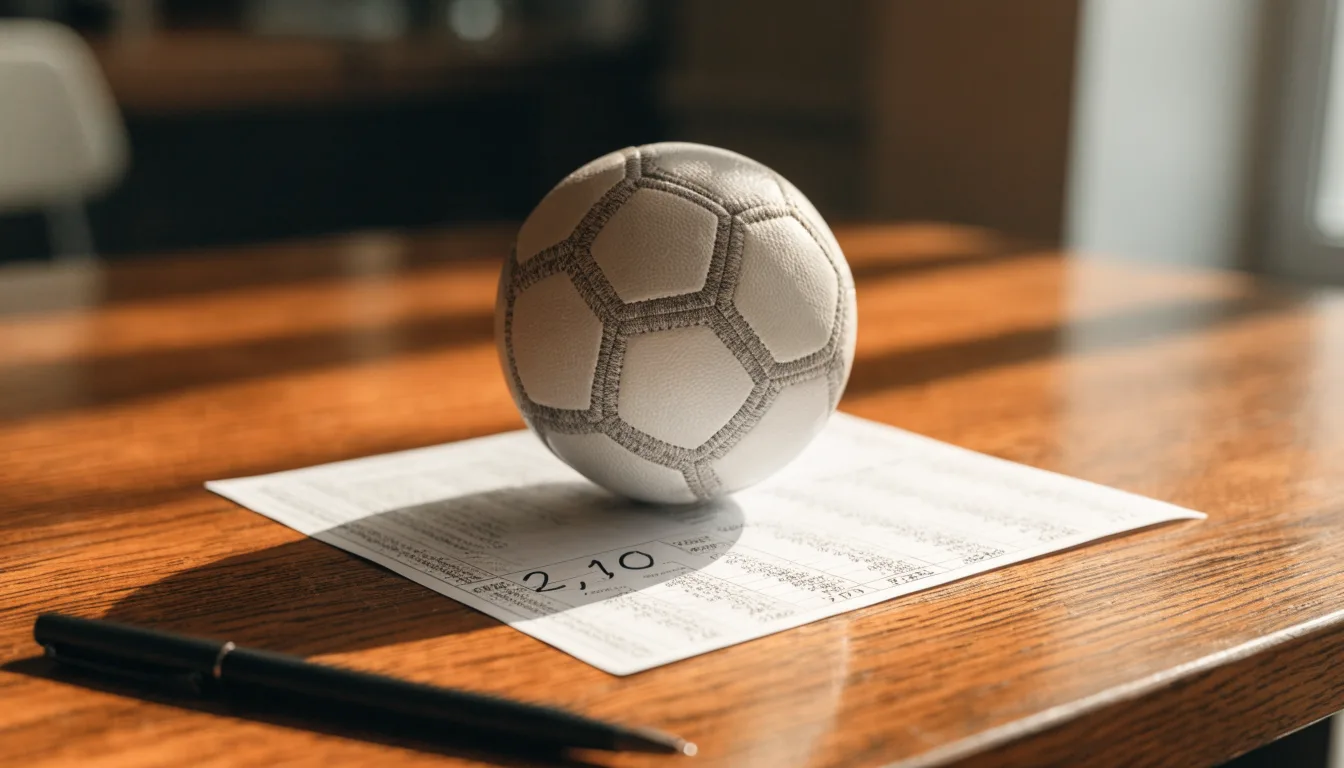 Un pallone da calcio appoggiato su una schedina bianca su un tavolo di legno, alla luce del giorno