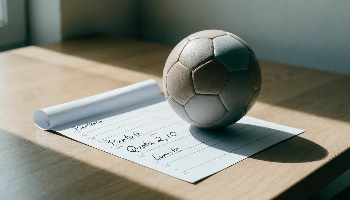 Un pallone da calcio appoggiato su una schedina bianca su un tavolo di legno, alla luce del giorno