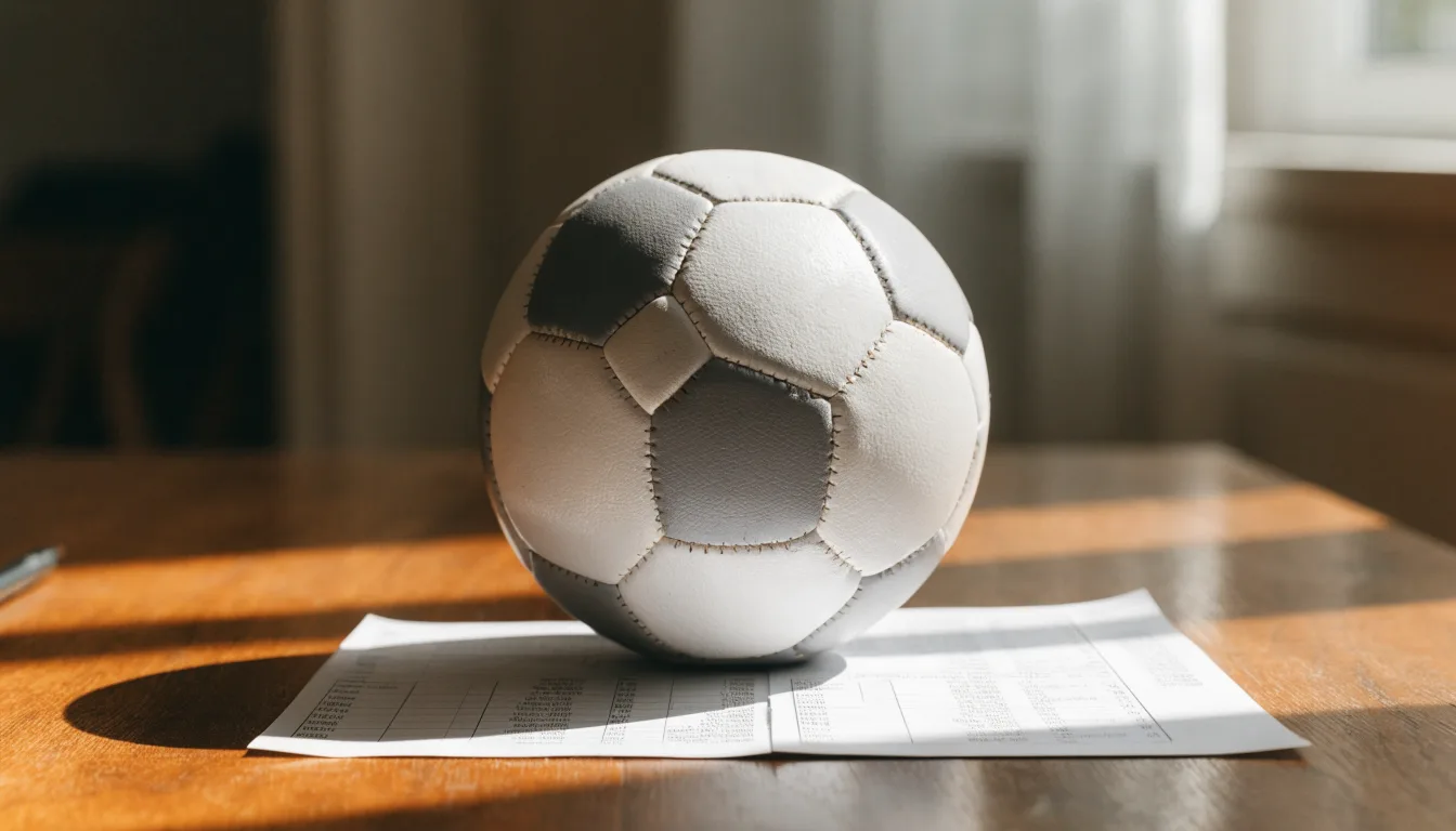 Un pallone da calcio appoggiato su una schedina bianca su un tavolo di legno, alla luce del giorno