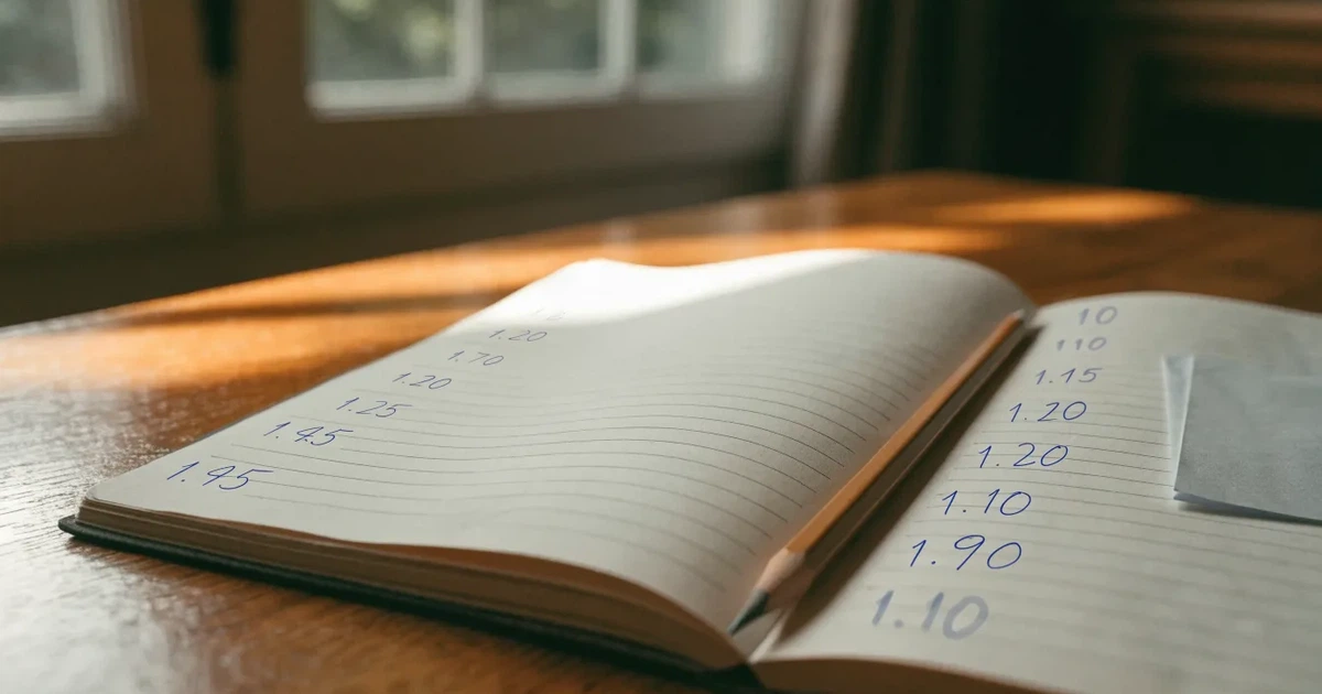 Un quaderno aperto con quote scritte a mano, una calcolatrice e una matita su un tavolo di legno