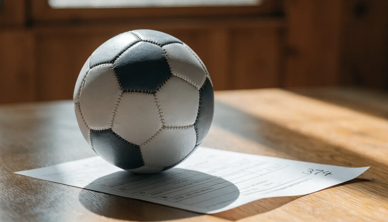 Un pallone da calcio appoggiato su una schedina bianca su un tavolo di legno, alla luce del giorno