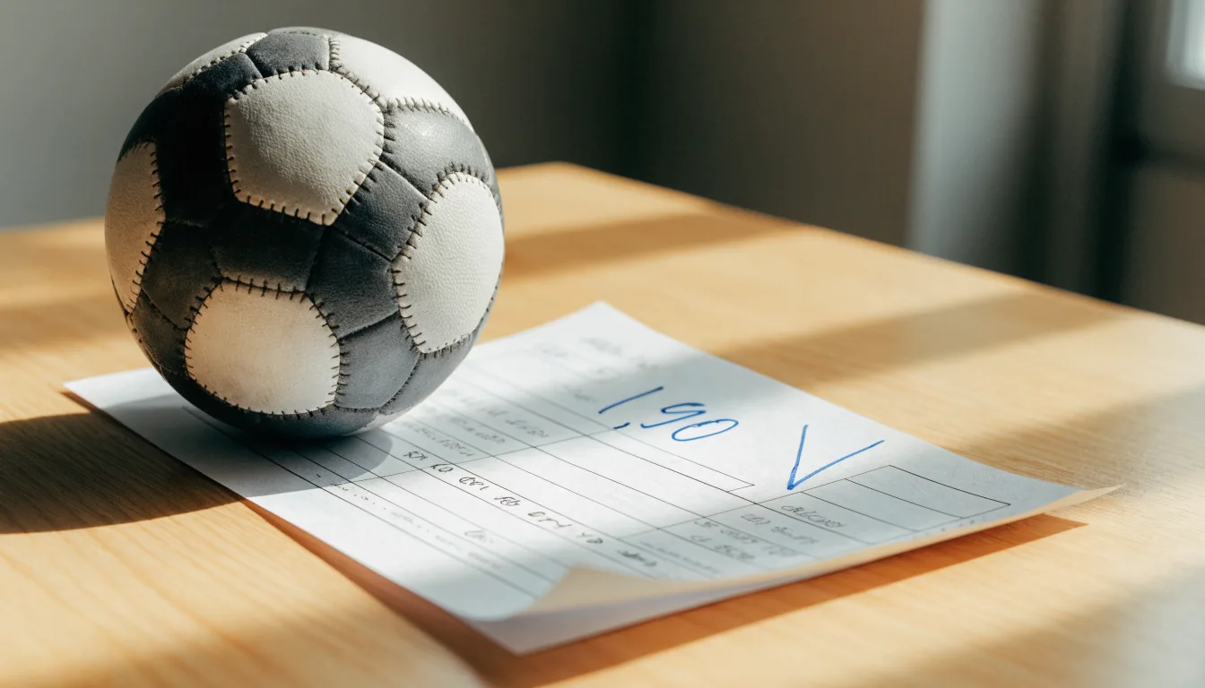 Un pallone da calcio appoggiato su una schedina bianca su un tavolo di legno, alla luce del giorno