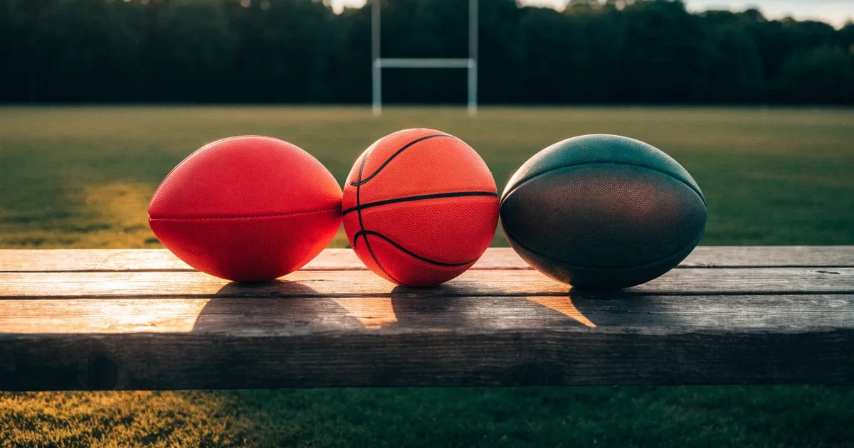 Tre palloni di sport diversi allineati uno accanto all'altro su una panca di legno