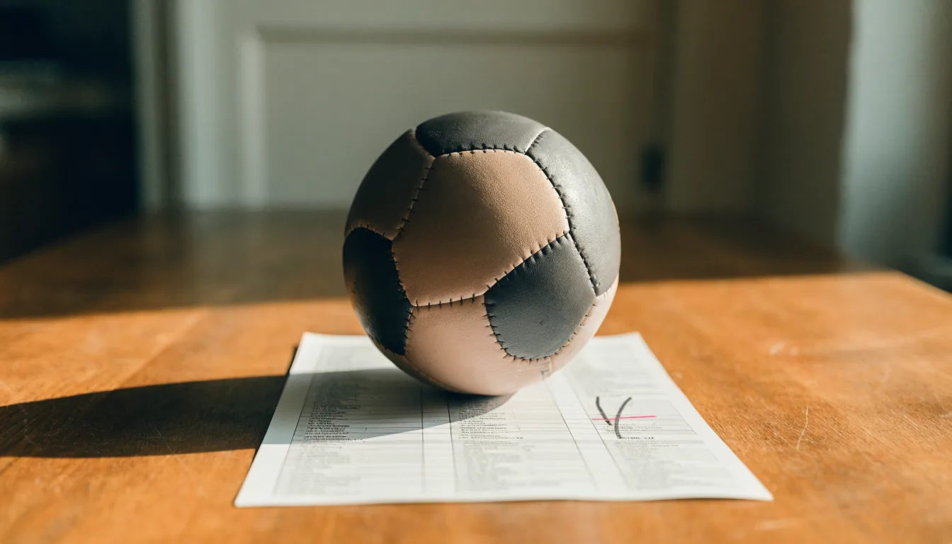 Un pallone da calcio appoggiato su una schedina bianca su un tavolo di legno, alla luce del giorno