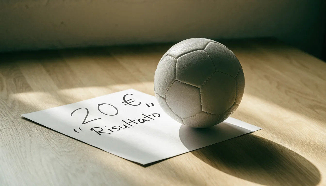 Un pallone da calcio appoggiato su una schedina bianca su un tavolo di legno, alla luce del giorno