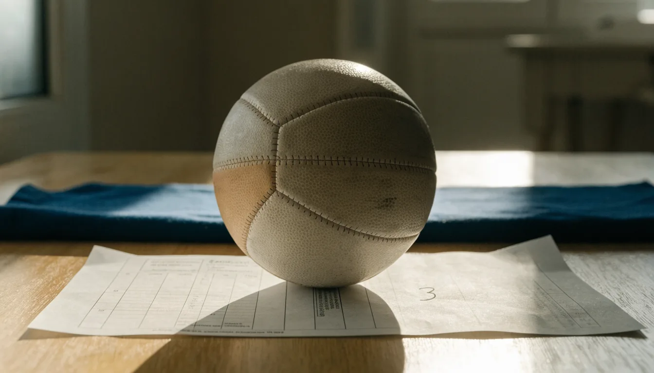 Un pallone da calcio appoggiato su una schedina bianca su un tavolo di legno, alla luce del giorno