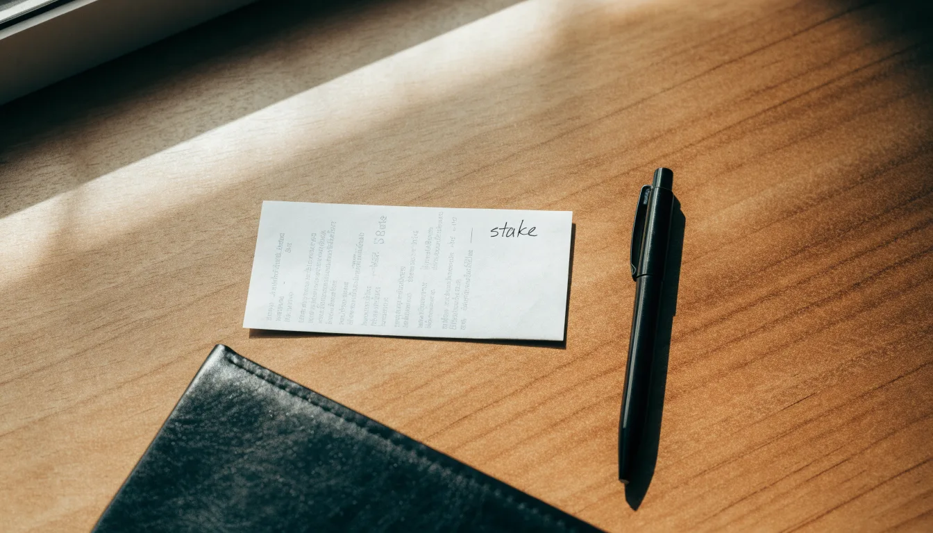 Un foglio di concessione in carta con un timbro rosso, appoggiato su una scrivania di legno accanto a una penna