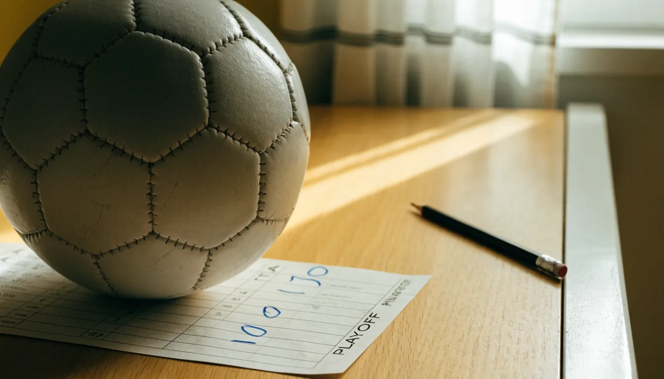 Un pallone da calcio appoggiato su una schedina bianca su un tavolo di legno, alla luce del giorno