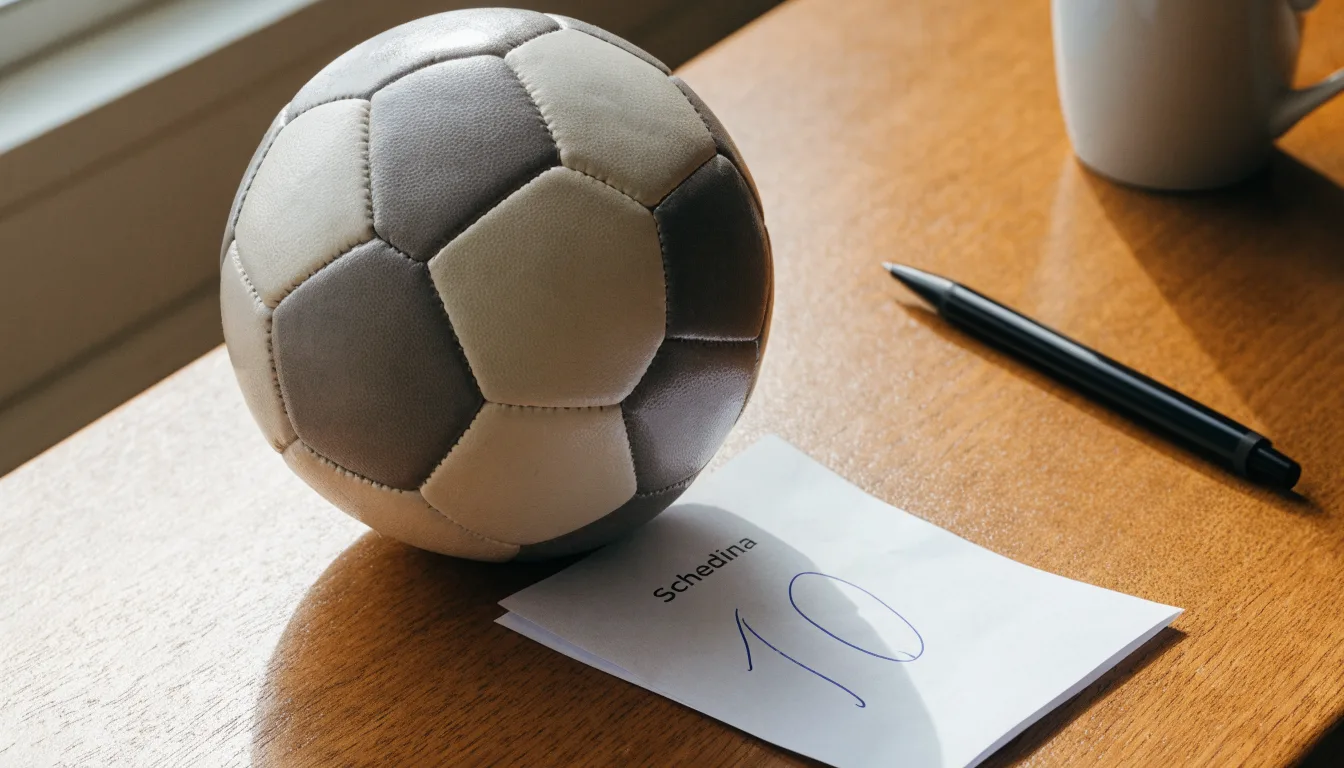 Un pallone da calcio appoggiato su una schedina bianca su un tavolo di legno, alla luce del giorno