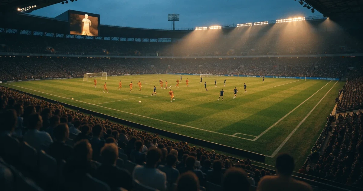 Un tabellone elettronico di uno stadio con il risultato a metà del secondo tempo, visto dalle tribune